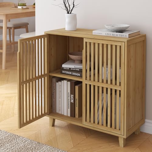 [en.casa] Beistellschrank Sirgerg Badezimmerschrank 77 x 72 x 33 cm Sideboard Mehrzweckschrank mit 2 Türen und 2 Fächern Wohnzimmerschrank Flurschrank Bambus Natur