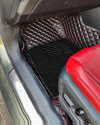 Image of 7D Car Floor Mat for Maruti Suzuki S-Cross (2019-2022) | 7D Ultra Premium PU Leather II Double Stitching II Fully Customise Fit Car Floor Tray Mats Specific Model - Black with Red
