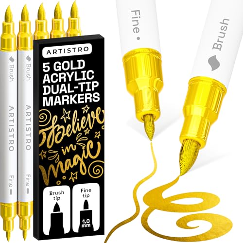 Artistro 5 Gold Acrylic Paint Markers - Paint Pens For Drawing, Brush + Fine Tips - For Fabric, Rock, Glass, Wood, Diy - Art &Amp; Craft Supplies For Adults, Teens, Kids - Teacher Appreciation Gift