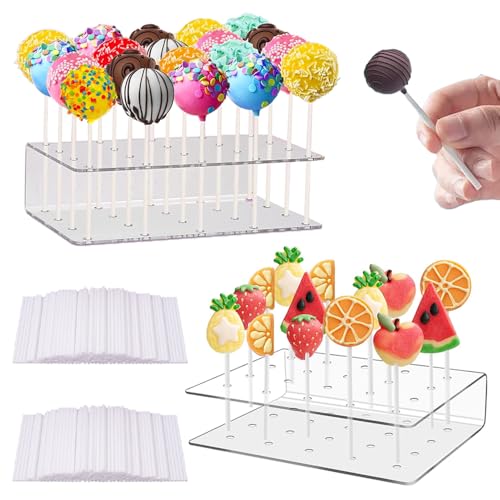 Cake Pop Ständer 2 Stück transparent Acryl Lollipop-Halter 20Löcher Cake Pop Ständer mit Bringen Sie 200 Stöcke für Dessert Tisch Hochzeit Halloween Party Deko Lollipop Halter Größe 16 x 9 x 4 cm