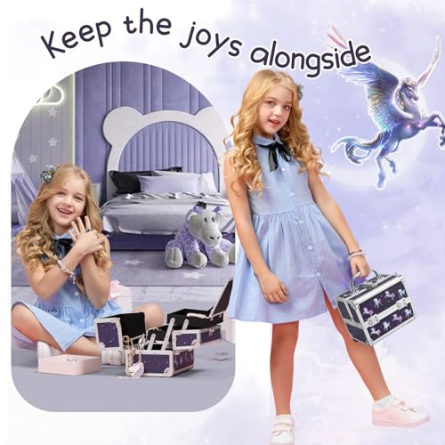 Maletín Maquillaje Estuche Maquillaje Caja Maquillaje Beauty Case de Viaje Cosméticos Organizador de Joyero y Manicura Vacío Profesional con Espejo 19.5x15x16cm Regalos para Niñas, Unicornio Morado - imagen 3