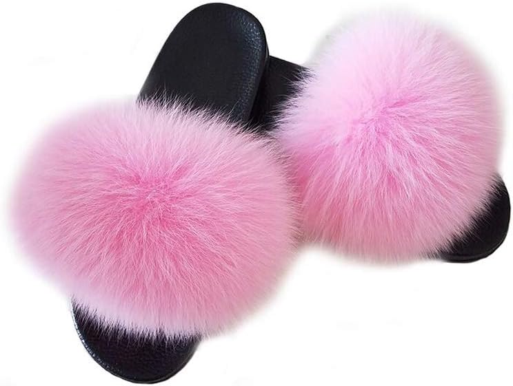 Women's Real Fox Fur Slides Slipper Sandal with Soft Fluffy Slides