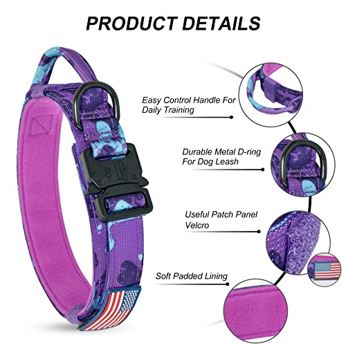 Tactical Dog Collar, Military Dog Collar For Medium Dogs, Adjustable Nylon Collars With Handle, Heavy Duty Thick Collar With Metal Buckle For Large Dogs, With Airtag Holder & Patches (Purple Camo, M) #TOP3