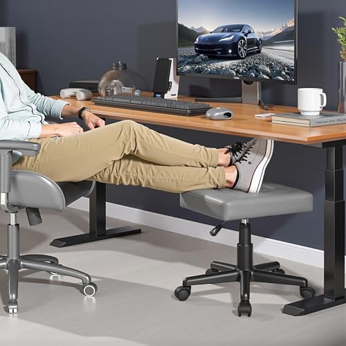 Image of VECELO Under Desk Footrest, PU Ergonomic Foot Rest with Wheels, Comfort Padding, Height Adjustable for Relieving Leg Pain, Stiffness, and etc, Gray
