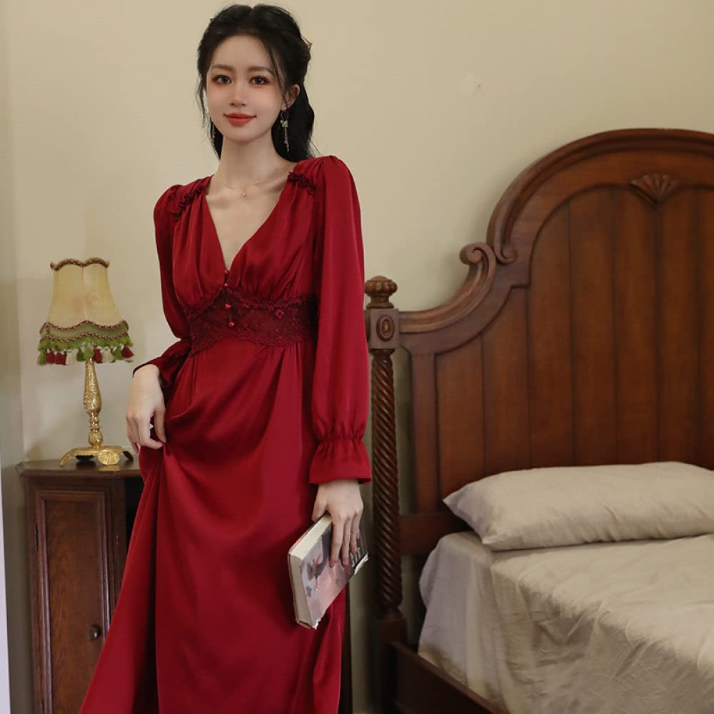 Nachthemd,Damen-Nachthemden, Roter Satin, V-Ausschnitt, Knopf, Spitzennähte, Elegantes Schlafhemd, Weiches, Bequemes, Langärmliges Nachthemd, Loungewear Für Damen, Mädchen, Pyjama-Party, Weihnac