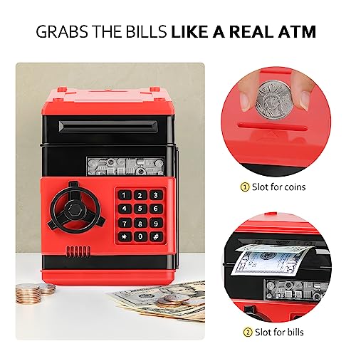ATM Piggy Bank for Boys Girls, Vcertcpl Mini ATM Coin Bank Money Saving Box with Password, Kids Safe Money Jar for Adults with Auto Grab Bill Slot, Great Gift Toy Bank for Kids (RedBlack 02)