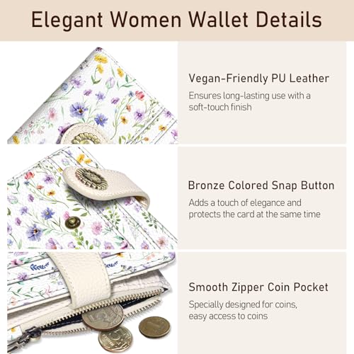 Image of Kelvoris Flowers Floral Small Rfid Women Wallet Bifold Zipper Coin Pocket | PU Leather Compact Cash Credit Card Holder, Travel Purse for Female Ladies Teen Girls, 1 ID Window 10 Card Slots