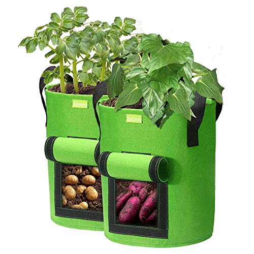 Preisvergleich Produktbild SIMBOOM Pflanzsack 2 Stück Kartoffel Pflanzen Tasche, Pflanzbeutel aus Vliesstoff Atmungsakti Wachsende Tasche mit Sichtfenster und Griffen für Tomaten, Blumen, Pflanzen Grün - 7 Gallonen (27 L)