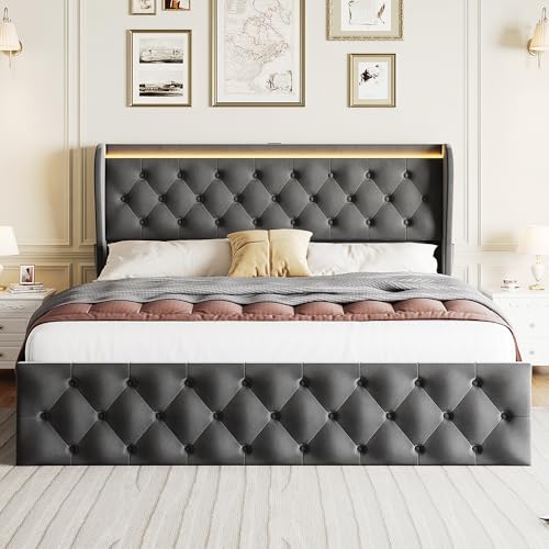 Image of King LED Platform Bed Frame with 4 Drawers, Velvet Upholstered Bed Frame with High Button Wingback Headboard, Metal Frame with No Box Spring Needed, Grey