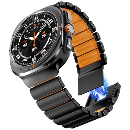 WINGLE Compatible with Galaxy Watch Ultra Strap Luxury Strap Metal Silicone Dual-Layer Link Replacement Band for Samsung Galaxy watch Ultra for Men Black/Orange