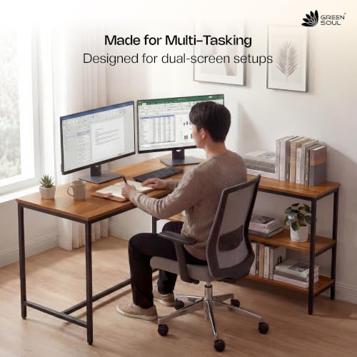 Image of Green Soul Thrive L-Shaped Study Table with Book Shelf for Home and Office | Ideal for Students and Adults | 3-Years Assurance | Coach Wood Yellow | Installation Provided