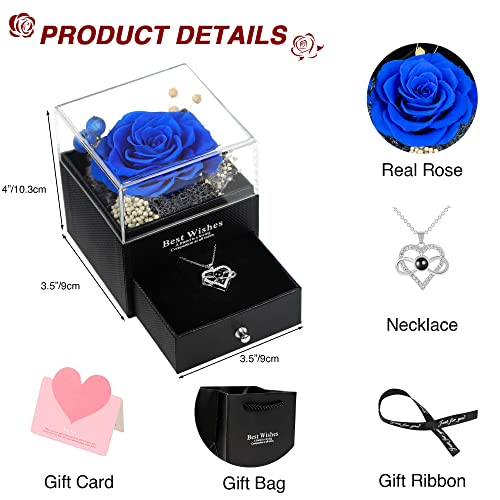 Qidordour Preserved Real Rose Jewelry Box With I Love You Necklace, Handmade Eternal Flower Gift, Present For Her Mom Grandma Wife Girl On Birthday, Valentine's, Mother's Day, Christmas, Klein Blue #TOP7