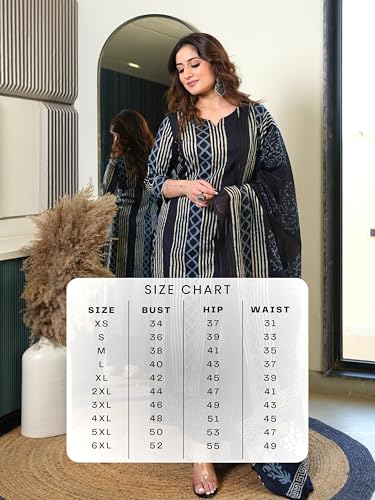 Image of Arayna Women's Pure Cotton Hand Block Printed Style Ethnic Kurta Set with Dupatta | Black & Indigo