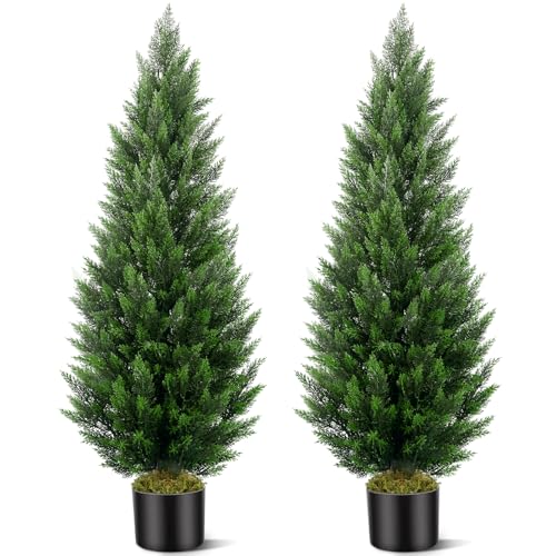 Artificial Topiary Cedar Trees 5FT Tall 2 Set, Outdoor Indoor Faux Pine Shrubs Plants, Realistic Fake Plants Front Porch Decor, Artificial Bushes Cypress for Home Front Door Offices