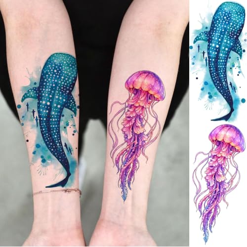 Image of VANTATY 12 Sheets Marine Life Ocean Animal Temporary Tattoos For Women Men Adults Forearm Tattoo Sticker, Realistic Watercolor Sea Whale Shark Turtle Fake Tattoos Hand Neck Body Art Temp Tatoos Makeup