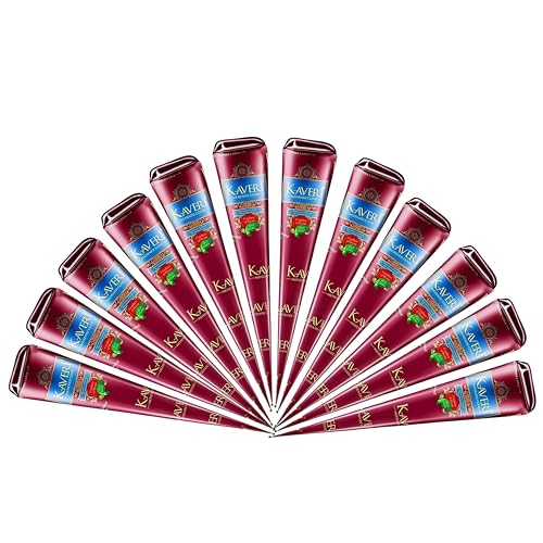 Kaveri Cono Naturale 12 x 25g - Senza PPD & Sostanze Chimiche Lunga Durata | Dermatologicamente Testato Per Decorazioni Creative Facile da Applicare mit Kajal Adesivo