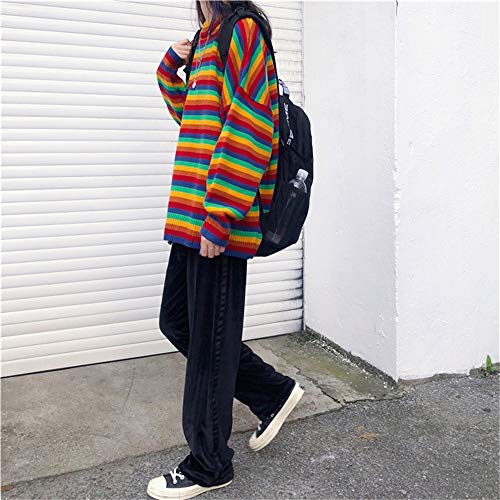 Women Korean Harajuku Loose Striped Rainbow Japan Kawaii Ulzzang Sweater Casual Knitted Pullover (Onesize) #TOP3