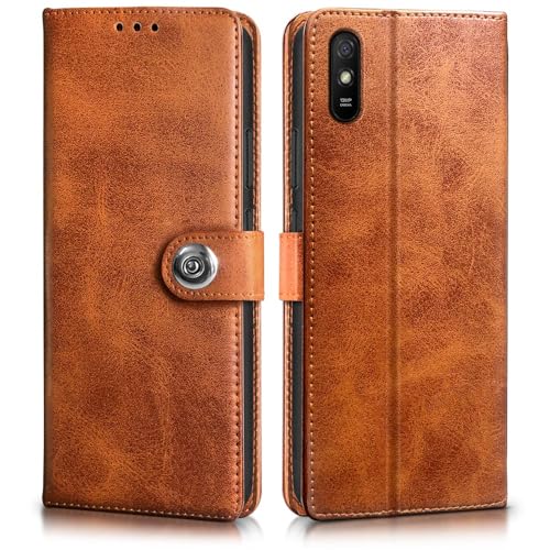 Image of WOW IMAGINE Shock Proof Flip Cover Back Case for Xiaomi Mi Redmi 9A | 9i | 9A Sport (Magnetic Button Flip Case | Wallet Pockets & Stand | Leather Finish | Alder Brown)
