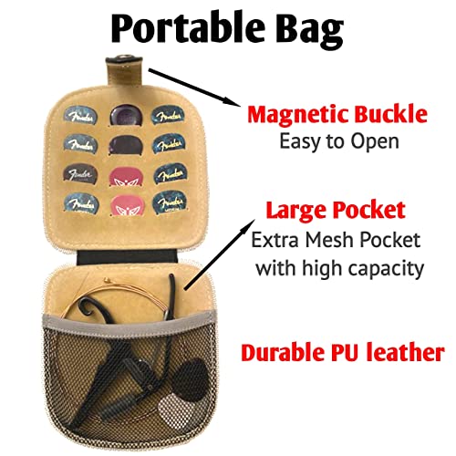 Musak Guitar Pick Holder Case – Pu Leather Square Picks - Accessories W/ 12 Slots & Mesh Pocket Gifts For Men And Women 5” L X 5.4” W 10.5” H, Black #TOP2