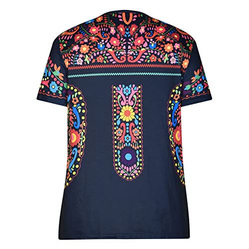 Mexican Embroidered Tee For Women Ethnic Style Boho Floral Print Casual Tunic Tops Summer Short Sleeve Shirt Blue #TOP3
