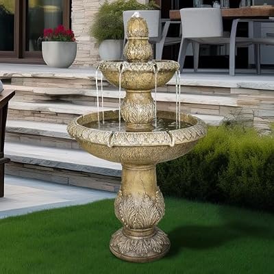 ourrco 47.2" H Italian Outdoor Floor Standing Fountain and Waterfalls 2-Tier Water Fountains with Budding Lotus Top for Outdoor Garden, Backyard, Porch, Deck, Lawn, Patio