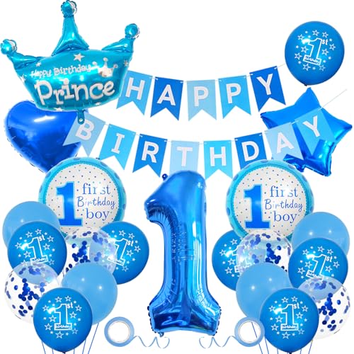 Blue 1st Birthday Party Decorations for Boys – Happy Birthday Banner, Large Number 1 & Crown Foil Balloons with Star, Heart & Latex Balloons for One Year Old Birthday Celebration
