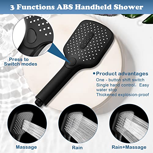 Stondino Black Shower Head With Handheld 5.5"Square High Pressure Shower Heads With 3 Modes Detachable Shower Head 69" Stainless Steel Shower Head With Hose Adjustable Bracket For Bathroom Accessories #TOP4