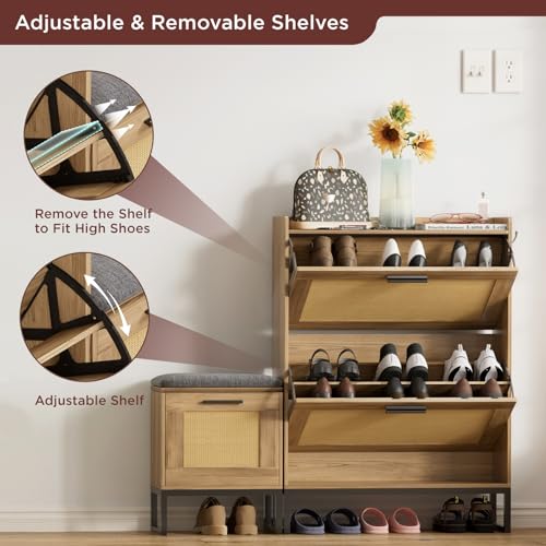 Image of Maupvit Shoe Cabinet Storage for Entryway with Bench, Rustic Oak Rattan Narrow Shoe Cabinet with 2 Flip Drawers, Wooden L-Shaped Shoe Rack Slim Shoes Storage Organizer for Hallway, Entrance