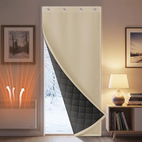 HEMVOR Thermal Door Curtains for Winter, W32''xL80'', Waterproof Windproof Insulated Blackout Curtains with Velcro & Hooks, Thick Thermal Curtain, Doorways Insulation for Front House Door(Beige)