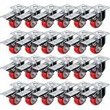 24 Pack 2' Caster Wheels Swivel Plate w/Brake On Red Polyurethane Wheels (2' with Brake)