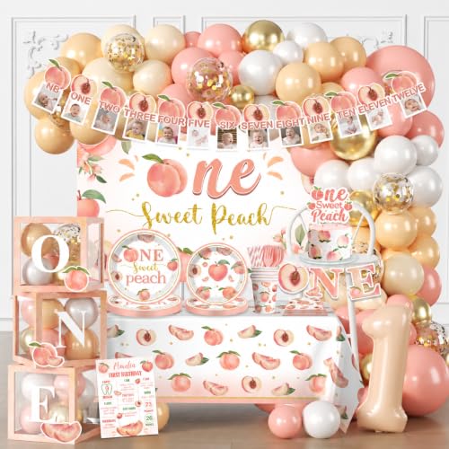 289 Pcs One Sweet Peach Birthday Decorations Balloon Arch And Plates Set