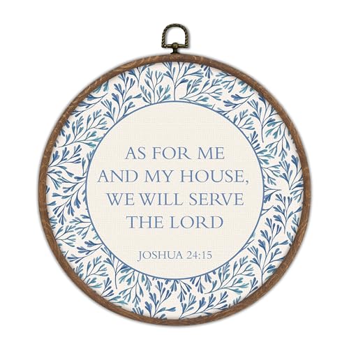 DTLGTG As For Me And My House We Will Serve Wall Decor - Christian Wall Decor 10x10 Round Bible Verse Art Canvas Christian Scripture Print for Dorm Room Light Blue Religious Room Decoration-F04
