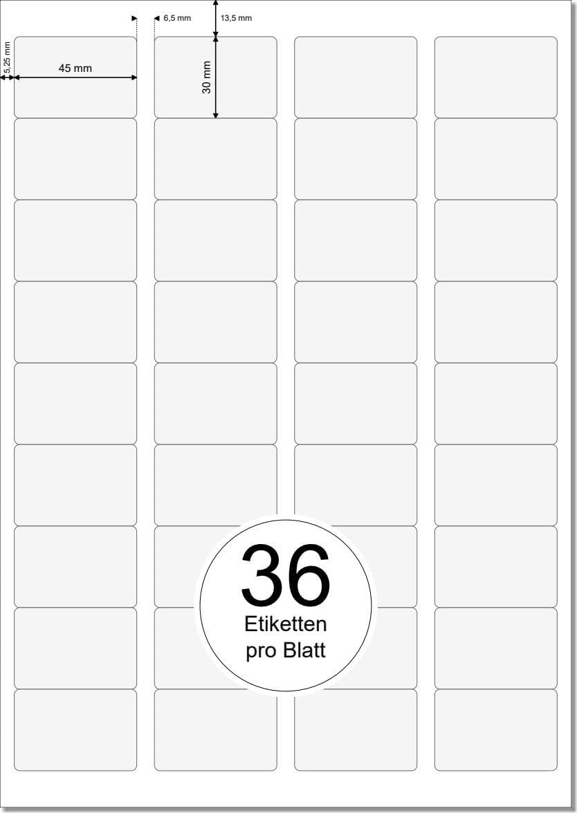 Printation Etiquetas universales de 45 x 30 mm, esquinas redondeadas, color blanco, 18000 etiquetas adhesivas para imprimir en 500 hojas DIN A4 de 4 x 9 45 x 30 – 36 etiquetas BSB autoadhesivas