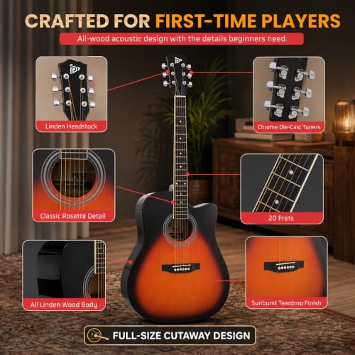 Pyle Steel String Acoustic Guitar Kit, 4/4 Full Size Cutaway All-Wood Guitarra Acustica with Premium Accessory Set and Upgraded Gig Bag, 41" Sunburst Teardrop, Matte by Pyle - Used condition - Image 5