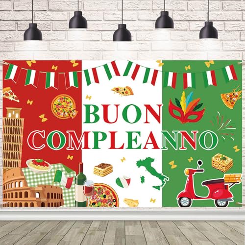 AIBIIN BUON Comleanno Banner Italian Birthday Party Decorations Pizza Party Backdrop Italy Themed Party Decorations Background for Italian Birthday Party Supplies Indoor Outdoor Decor 70.8x43.3inch