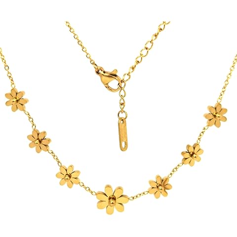18K Gold Plated Daisy Necklace for Women, Dainty Pendant Necklace, Flower Choker Ne...