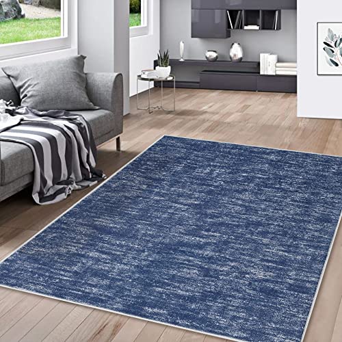Rugsreal Washable Contemporary Area Rug Low-Pile Solid Modern Area Rug Non-Slip Stain Resistant Home Office Solid Rug For Living Room Bedroom Kids Room, 5' X 7' Blue #TOP2