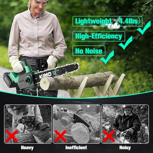 Image of KIMO Brushless Electric Chainsaw Cordless, 4.0Ah Battery & Fast Charger, Handheld Chain Saw with Auto Oiler, Battery Powered Chainsaw Electric for Tree Trimming, 54.5 FT /S Cutting Speed, 12 INCH