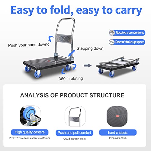 Push Cart Dolly Cart Platform Hand Truck With 330Lb Platform Truck Luggage Cart Folding Flatbed Dolly With 360 Degree Swivel Wheels Foldable Push Hand Cart For Loading And Storage (Black-S) #TOP2