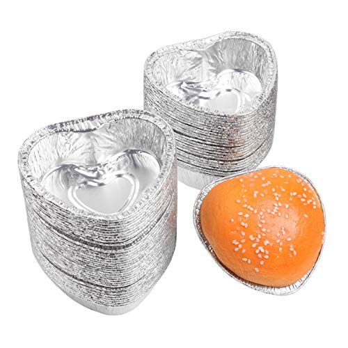 Freebily 60Pcs Aluminum Foil Mini Cake Baking Cups Heart Shaped Disposable Muffin Cupcake Baking Mold Cup Liners Silver One Size #TOP2