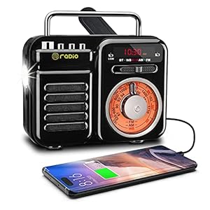 UNIQUEBELLA Retro radio met bluetooth-luidspreker, draagbare AM/FM handslinger, radio op zonne-energie, noodradio met led-zaklamp, SOS-alarm, wekker, nostalgische USB-speler, 2000 mAh, voor thuis,