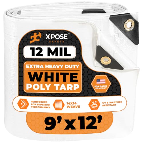 Heavy Duty White Poly Tarp 9' X 12' - Multipurpose Protective Cover - Durable, Waterproof, Weather Proof, Rip and Tear Resistant - Extra Thick 12 Mil Polyethylene - by Xpose Safety