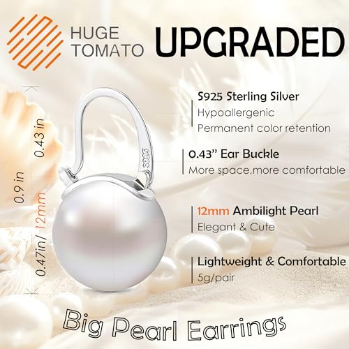 Elegant 925 Sterling Silver Pearl Drop Earrings for Women, 14K Gold Plated Dangle Stud Earrings, Hypoallergenic Large Pearl Hoop Earring dangling 12mm3