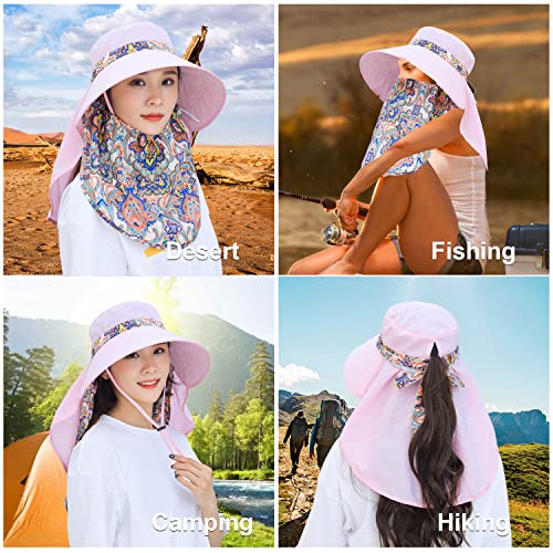 Image of Women Wide Brim Face Mask Sun Hat Detachable Neck Face Flap Ponytail UV Protection Visor Hat Garden Fishing Hiking