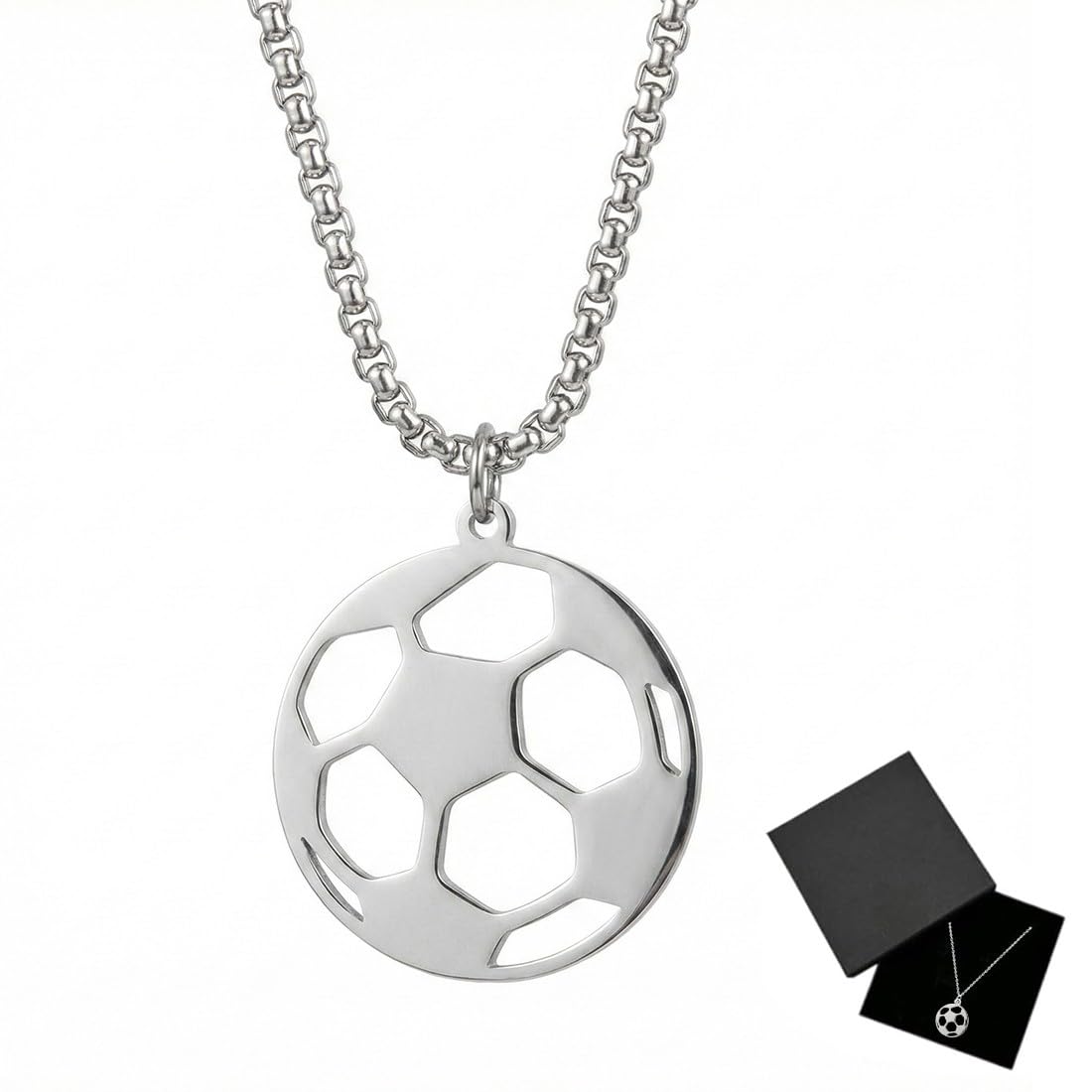 Collar de Fútbol, Acero Inoxidable, Collar con Colgante de Fútbol, Joyería con Caja de Regalo, Unisex, Plateado, Moderno, 60 cm, 1 Unidad, Regalos Niños 10 Años Originales