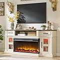 Unineo 3-Side Fireplace TV Stand for up to 80 Inch TV, LED Entertainment Center with 36 Inch Electric Fireplace, Farmhouse TV Console Table w/Drawers & Cabinets for Living Room, Antique White