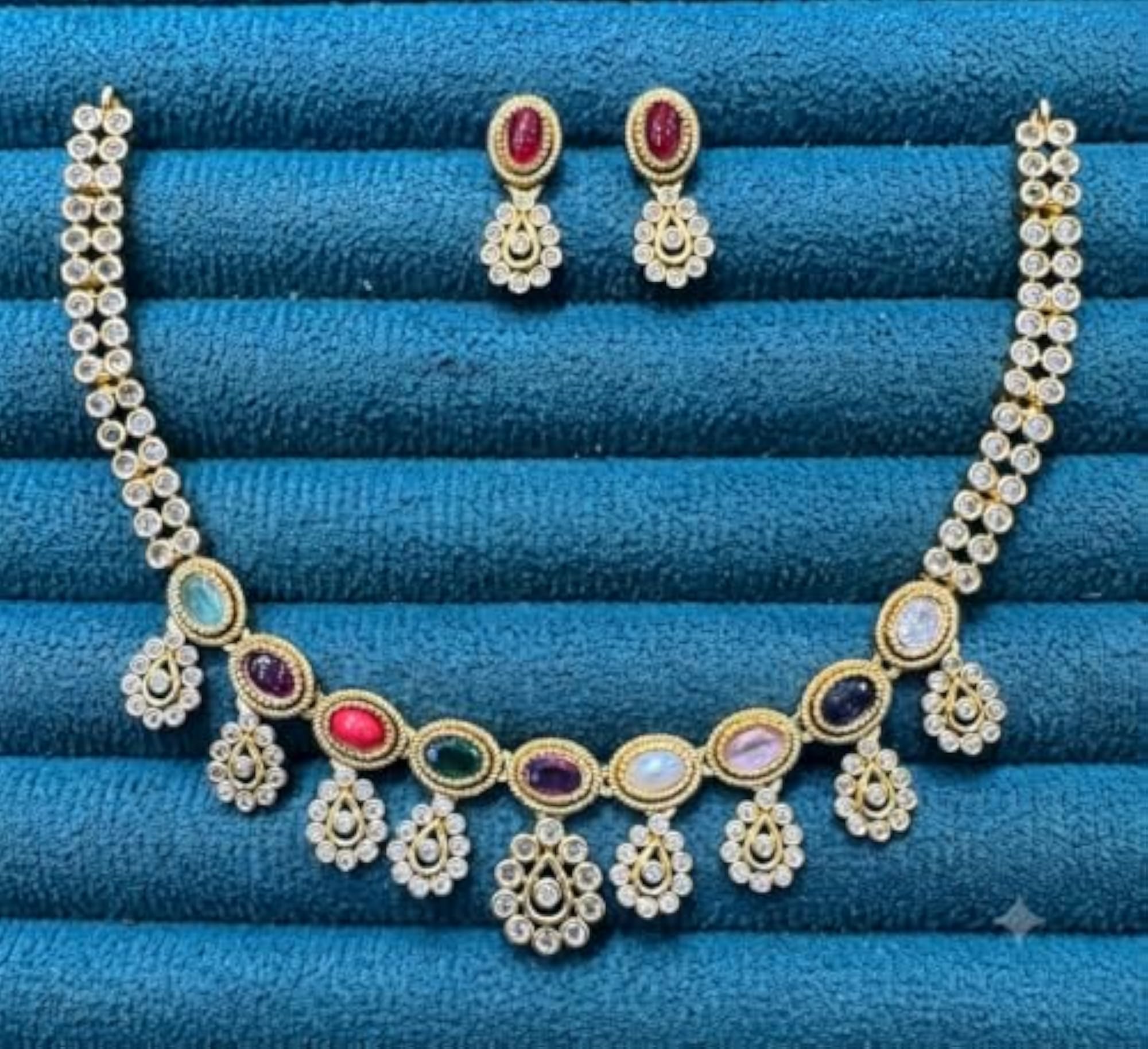 Gold-Tone Necklace and Earring Set with Ruby Stone and Pearls