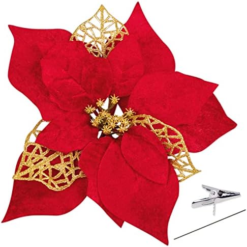 Geefuun 15PCS Christmas Tree Decorations Poinsettias Artificial Flowers Ornaments: Large Size 8.7” Xmas Red Glitter Flower with Clips Plus Stems(Red)