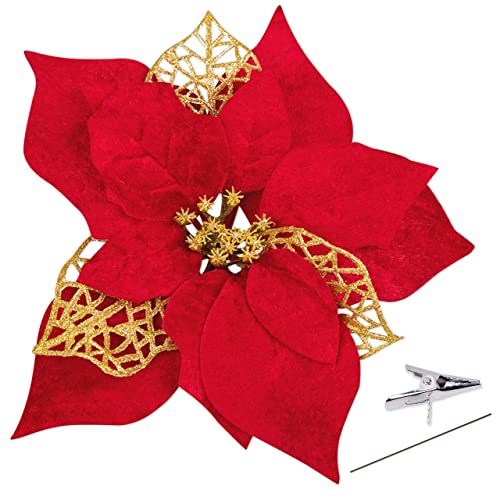 Geefuun 15Pcs Christmas Tree Decorations Poinsettias Artificial Flowers Ornaments: Large Size 8.7” Xmas Red Glitter Flower With Clips Plus Stems(Red) #TOP4