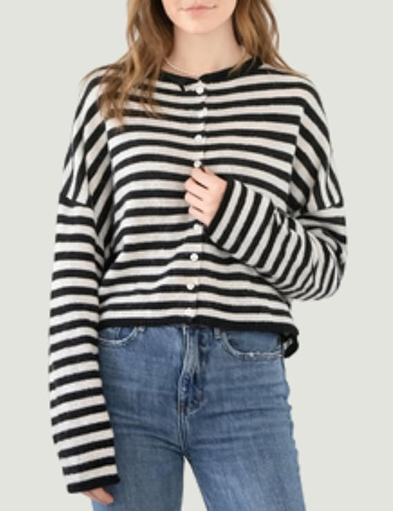 Esmeling Women Button Down Striped Cardigan Crew Neck Long Sleeves Sweater Open Front Knit Outerwear - Image 4